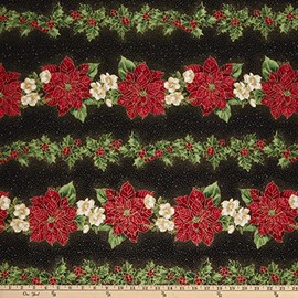 Timeless Treasures Metallic Christmas Joy Poinsettias & Holly Border Stripe Black, Fabric by The Yard