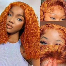GOLFMAX Ginger Water Wave Bob Wig Human Hair Transparent HD 13x4 Lace Front Human Hair Wig 10 Inch Short Bob Wig Glueless Wigs Human Hair Pre Plucked With Baby Hair