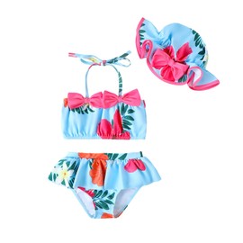 Baby Girl Summer Swimsuit with Hat Toddler Girls Bikini Sets Infant Bathing Suit Beach Outfits (041C-Flower, 0-6 Months)