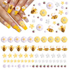 80 Pcs 3D Flower Nail Charms, Cute Bee Daisy Flowers Charms for Acrylic Nails, Yellow Tiny Flowers Sunflowers Acrylic Nail Charms and Gems for Nail Art Designs Accessories