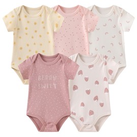 JELYLOVE Unisex Short Sleeve Baby Boys Girls Bodysuits Pack of 5 Cotton Breathable Soft Newborn Baby Clothing, Colour 1