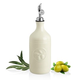 Sweejar 16 Oz Ceramic Olive Oil Dispenser Bottle, Oil Dispenser for Kitchen with Gravity Spout, Relief Opaque Oil Container for Evoo, Avocado Oil, Vinegar, Soy Sauce, 1 Pack(Beige, Silver Spout)