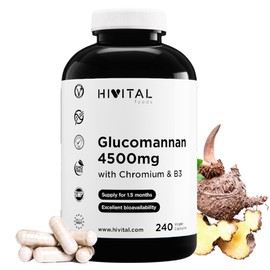 Glucomannan 4500mg 240 Vegan Capsules for 1.5 Months Glucomannan from the vegetable fibre of Konjac root with chromium and vitamin B3. Natural saturating agent, ideal for women and men.