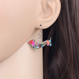 DOWAY Enamel Alloy Floral Dachshund Dog Earrings Dangle Drop Fashion Pet Jewelry for Women Girls Charm Party Gifts (Multi)