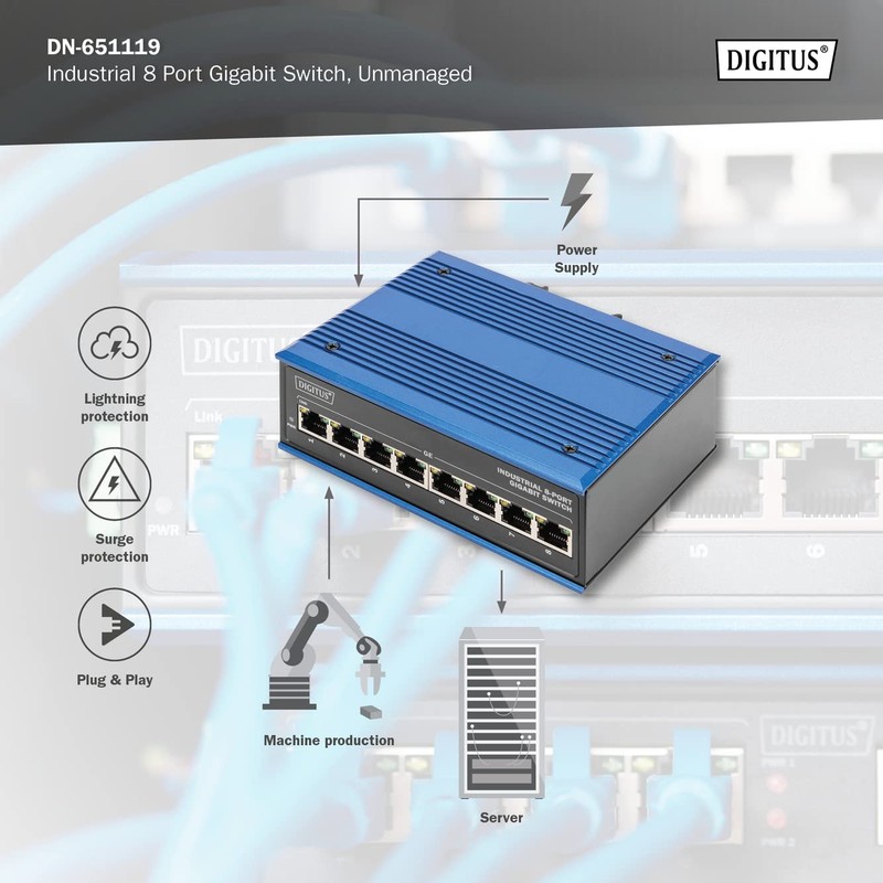 DIGITUS Network Switch - 8-Port Gigabit Ethernet - DIN-Rail Mounting