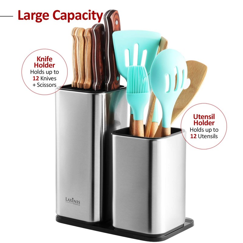 Knife Holder and Utensil Holder - Stainless-Steel Modern Rectangular Design