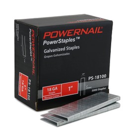 Powernail PS18100 18 Gauge 1/4 Inch Narrow Crown Staples, 1 Inch Length Heavy Duty Galvanized Chisel Point Staples for Electric or Pneumatic Narrow Crown Stapler Guns (Box of 5,000)