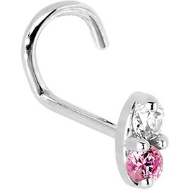 Body Candy Solid 14k White Gold 1.5mm Genuine Pink Sapphire Diamond Marquise Left Nose Stud Screw 20 Gauge 1/4"