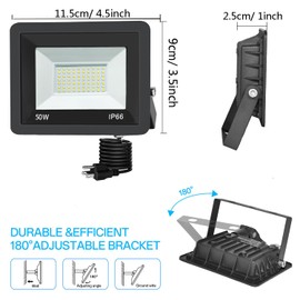 BaRiFanNova 2 Pack 50W LED Flood Light Outdoor,6000K Super Bright 6000LM Security Lights with Plug,Exterior IP66 Waterproof Flood Light for Basketball Court, Yard, Garden, Playground