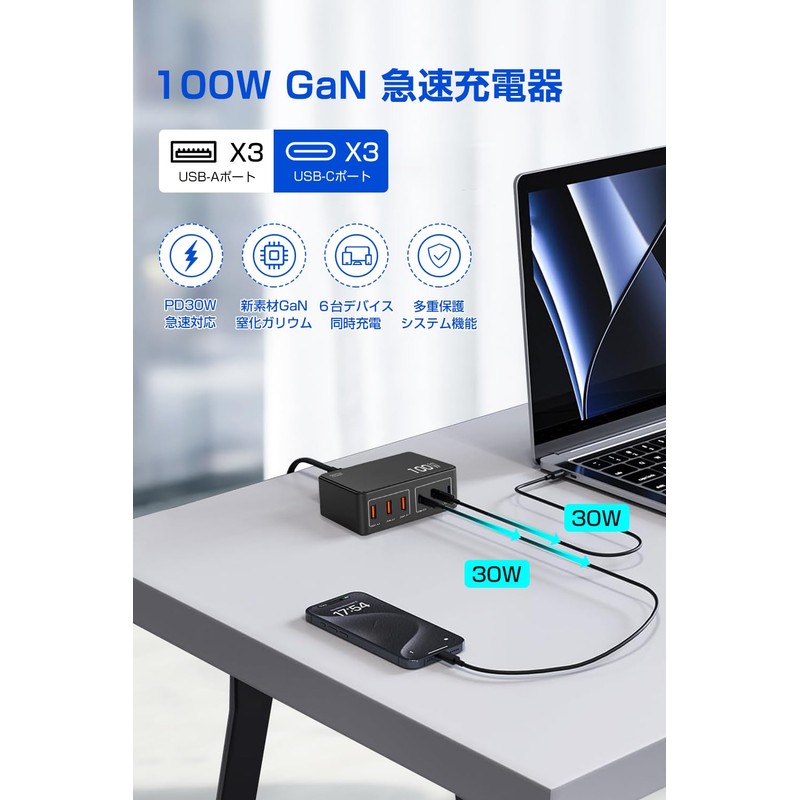 USB Charger, Total 100 W, Rapid Charger, Supports PD 30W,