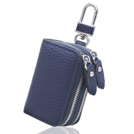 KNUTE W Smart Key Case, Storage for 2, Women's, Genuine Leather, Dull Color, Grain Leather, Zipper, Smart Key Case, Cover, Carabiner Included, Toyota, Honda, Nissan, navy
