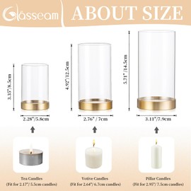 Glasseam Hurricane Glass Candle Holders: Set of 6 Metal Gold Candle Holder for Small Pillar Candles Clear Candleholder with Glass Chimney for Outdoor Wedding Decor