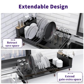 Aonee Dish Drying Rack, Extendable Dish Rack, Multifunctional Dish Rack for Kitchen Counter with Drainboard, Cutlery Holder, Knife Holder and Pot Holder