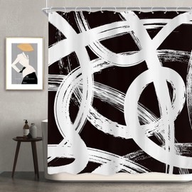 Newsely White Black Abstract Shower Curtain 60Wx72L Inch Geometric Simple Sketch Modern Graffiti Minimalist Line Cool Unique Bathroom Set Unique Waterproof Bath Decoration Accessories Home Decor