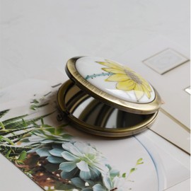 High End Sunflower Compact Mirror for Purses Hand Painted 1 X /2 X Magnifying Copper Round Hand Mirror Unique Gifts for Women Handheld Travel Makeup Mirror