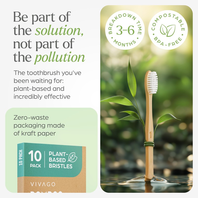 VIVAGO Bamboo Toothbrushes 10 Pack – Natural Toothbrushes, Plant-Based Soft