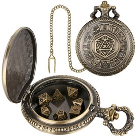 Mini DND Dice Set, Pocket Watch Case with Center Number Dice, 7 Piece Polyhedral Metal D&D Dice Set, DND Gifts with Gift Box, Role Playing Board Game Accessories, Bronze