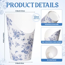 300 Pcs Blue Floral Charcuterie Cups with Sticks 100 Pcs 12 oz Chinoiserie Flower Paper Snack Appetizer Cups with 200 Cocktail Picks Disposable French Fry Holder for Wedding Bridal Party Decor