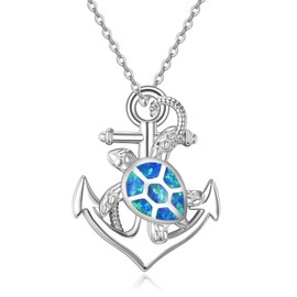 KZX Blue Opal Anchor Turtle Pendant Necklace for Women Men S925 Sterling Silver Anchor Turtle Pendant Jewelry Gifts for Mother Wife
