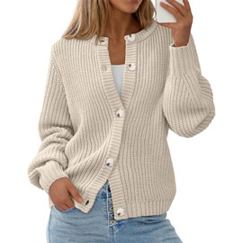 PRETTYGARDEN Womens Fall Cardigan Sweaters Crewneck Long Sleeve Button Open Front Knit Sweater Women Oversized Cardigans (Beige, Large)