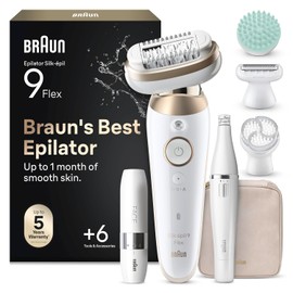 Braun Silk-epil 9 Flex SkinSpa Epilator, 360° Flexible Head, Wet & Dry, Includes FaceSpa Epilator and Mini Face Hair Remover, 9-681 3D, Gold