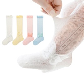Baby Toddler Girl Knee-hight Lace Socks Kids Thin Mesh Princess Mary Jane Dress Socks Tube Uniform Stockings 4 Pairs (US, Age, 1 Year, 3 Years, Butterfly lace)