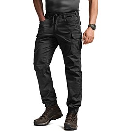 CQR Men's Flex Lightweight Joggers, Elastic Waist Drawstring Casual Pants, Tapered Fit Water Resistant Outdoor Cargo Pants, Squad Black, 42W x 30L