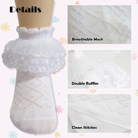 Luvrionex Toddler Girl Ruffle Ankle Socks Double Lace Frilly Socks for Princess Dress Outfits 3 Pairs White 4-6 Years