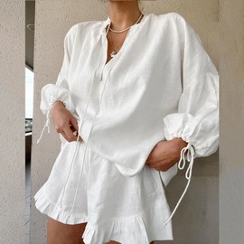 Felcia Women's Summer Shorts Outfits Long Sleeve Tie-Up V-Neck Shirts Tops Elastic Waist Shorts 2 Pieces Clothes Set (A-White, M)