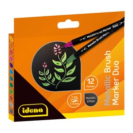 Idena 10856 Brush Marker with Double Tip, 12 Felt Tip Pens in Metallic Colours, Waterproof Pens for Many Surfaces