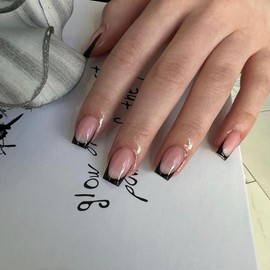 KQueenest 30 Pcs Black French Tip Press on Nails Medium Short Square Nails Press ons, Natural Nude Pink Fake Nails Acrylic, Glue on Nails with Design, Classy French Tip Nails for Women DIY Manicure