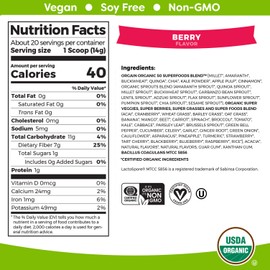 Orgain Organic Green Superfoods Powder, Berry - Antioxidants, 1 Billion Probiotics, Vegan, Dairy Free, Gluten Free, Kosher, Non-GMO, 0.62 Pound (Packaging May Vary)