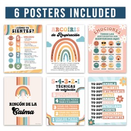 6 Retro Spanish Classroom Decorations For Teachers - Spanish Classroom Posters Elementary, Calm Down Corner Posters Spanish Classroom, Emociones Poster Spanish, Afirmaciones Positivas Español Poster