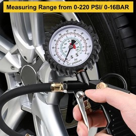Frogetu Tyre Pressure Gauge with Flexible Hose, Tyre Inflator Gauge, Multifunctional Air Pressure Gauge, Tyre Inflator for Car, Motorcycle Pressure Gauge Measuring Range: 0-16 BAR/220 PSI