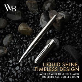 Wordsworth and Black Rollerball Pen - Luxury Pen - Chrome Finish, Silver Lacquer, Ink Refill, Refillable Gift for Men & Women, Professional Writing, Nice and Fancy Pens and for Work