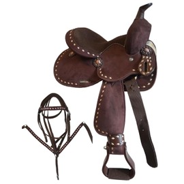 Equitem 10"" Western Buckstitch Synthetic Saddle with Color Suede Seat with Matching Headstall Breastcollar (Brown Seat), TZ289S10