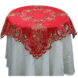 Creative Linens Holiday Christmas Tablecloth 33" Square Embroidered Bell Ornament Pine Cone Winter Table Topper Red Gold