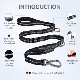 Forestpaw Tactical Dog Leash Heavy Duty,4-6FT Bungee Dog Leash with Shock Absorption,Reflective Training Leash with 2 Handles and Car Seatbelt for Medium Large Dogs,Black