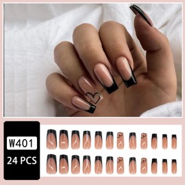 Valentine's Day Square Press on Nails Black Medium French Tip Fake Nails with Black Heart Patterns Design Valentine's Glue on Nails Romantic Artificial Nails for Women Acrylic Manicure Salon 24Pcs