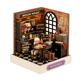 CUTEROOM DIY Miniature House Kit, Wooden Dollhouse Kit Mini House Making Kit with Furnitures and Dust Cover (Moon Magic)