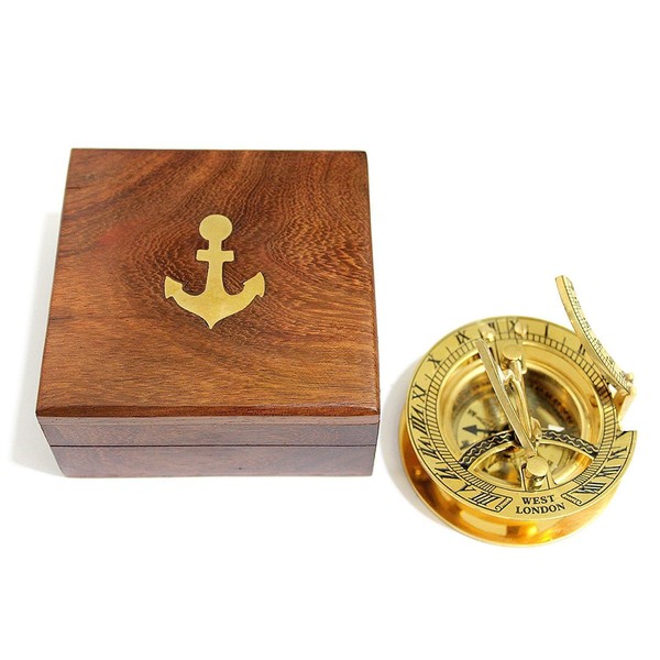 3" Sundial Compass with Teak Wood Box Inlaid with Solid Brass