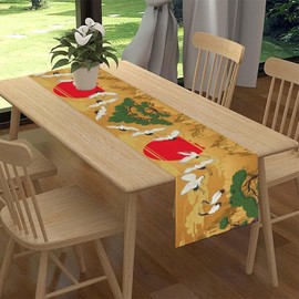 Japanese Table Runner, Retro Traditional Vintage Crane Clouds Asian Oriental Waves Plants Nature Print Table Runner for Home Party Kitchen Dining Table Wedding Party Decor 13"x36"