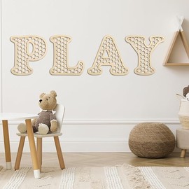 Wooden Play Rattan Letters Set Playroom Decor Boho Wall Signs Play Wooden Rattan Letters Wall Decor for Playroom Art Nursery Room Decorations(Wood Color)