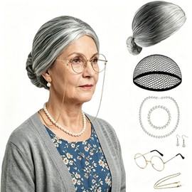 Tovims Old Lady Wig with Gray Bun - Grandma Wigs for Women, Grey Wig and Glasses, Granny Wig Costume Accessories for Dress Up (Grey Bun Wig Set)