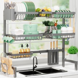 Sakugi Dish Drying Rack - Over The Sink Dish Drainer Drying Rack with Utensil & Knife Holder, Hooks, Stainless Steel Kitchen Organizers and Storage Solution, 11.8" D x 31.5"~39.0''W x 30" H, Gray