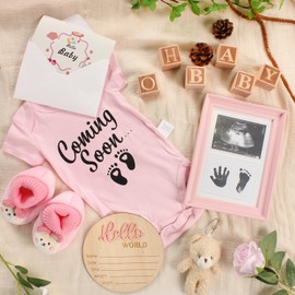 9 Pc Pregnancy Announcement Set Baby Announcement Sign Baby Bodysuit Baby Booties Photo Frame Bear Plush Baby Wood Blocks Announcement Props for Baby (Girl, Pink)