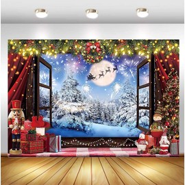 MEHOFOND 10x7ft Christmas Backdrop Winter Snow Scene Window Photography Background Christmas Wreath Christmas Tree Toy Doll Table Decor Family Party Banner Photo Studio Props
