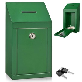 Metal Donation Box-Suggestion Box with Slot and lock-Cash Lock box for Money-Secure Drop Box-Comment and ballot voting box-comes with pre-drilled holes for easy wall mounting 10 X 6 X 2.5"(Green)