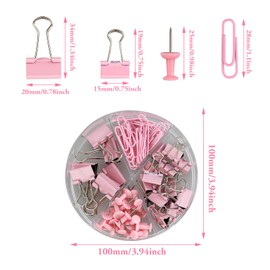 72Pcs Binder Clips Push Pins Set, Pink 4 in 1 Round Box Clip Stationery Set Including 20 Push Pins, 30 Paper Clips, 15 Small Blinder Clips, 7 Large Blinder Clips, Office Supplies Set Paper Clips