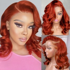 Afribye Ginger Wig Human Hair 200% Density 13x6 350 Ginger Body Wave Lace Front Wigs Human Hair Pre Plucked Short Wigs for Black Women Glueless Frontal Wig Human Hair Loose Wavy 14 inch